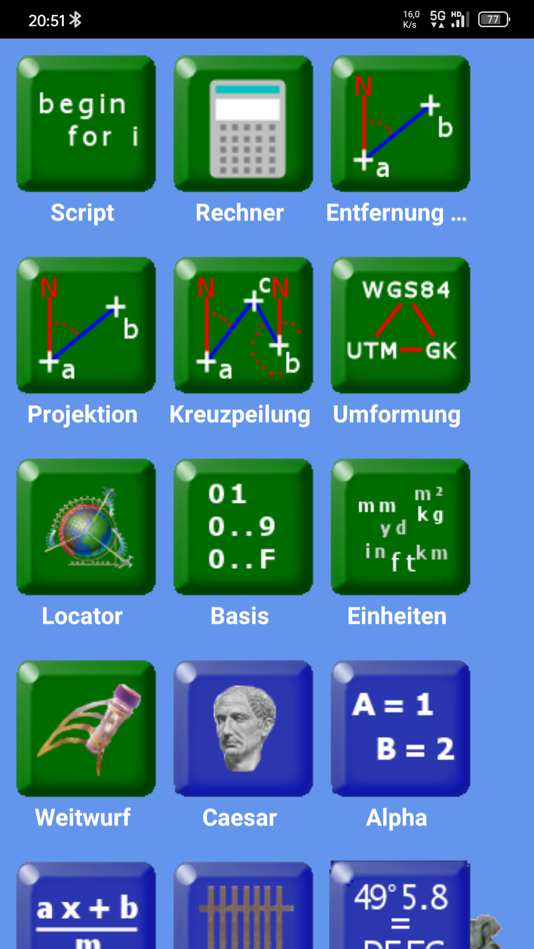 Hauptseite der Android-App Mopsos mit Werkzeugen für Script, Rechner, Projektion, Kreuzpeilung und Koordinatenumrechnung